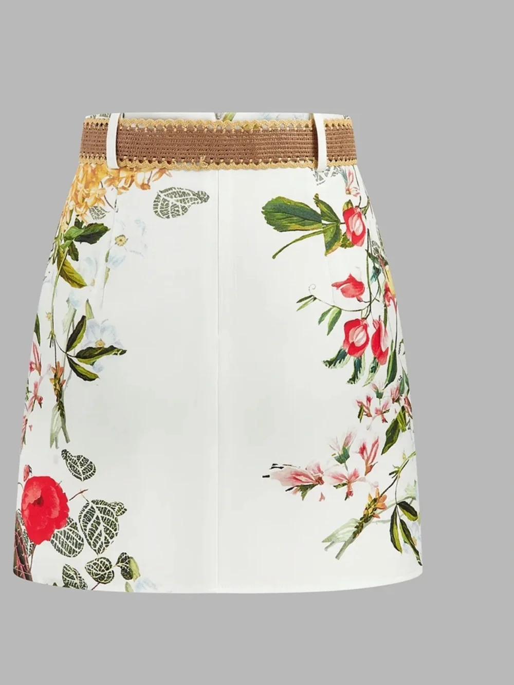 Commense White Mini Skirt with Floral & Bird Motif and Woven Tan Belt Size S